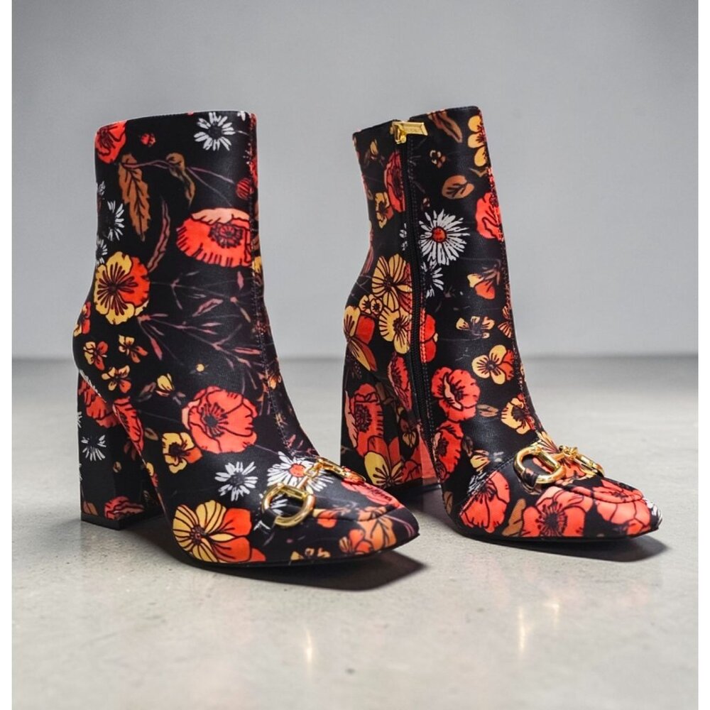Floral Block Heel Ankle Boots With Gold Buckle Detail & Side Zipper Closure - Picture 7 of 9